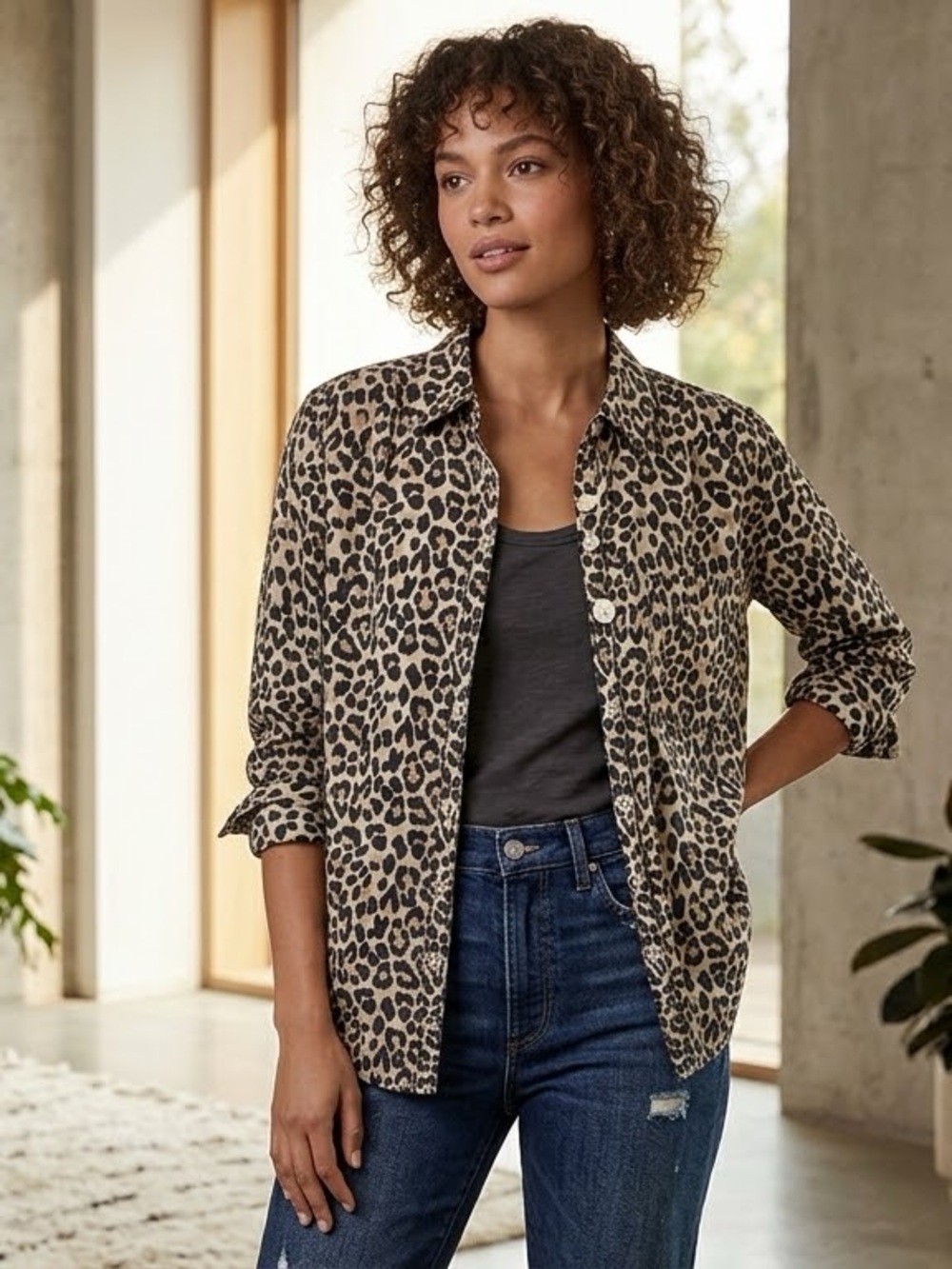 Maeve by Anthropologie Leopard Print Long Sleeve Button Down Shirt Size Medium